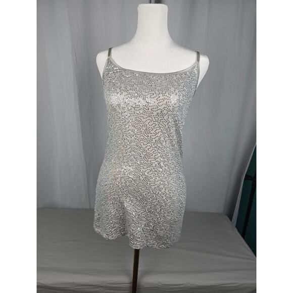 Y2K Sequins Club Glitter Spaghetti Strap Medium Shirt Top Silver Dots - Picture 2 of 10